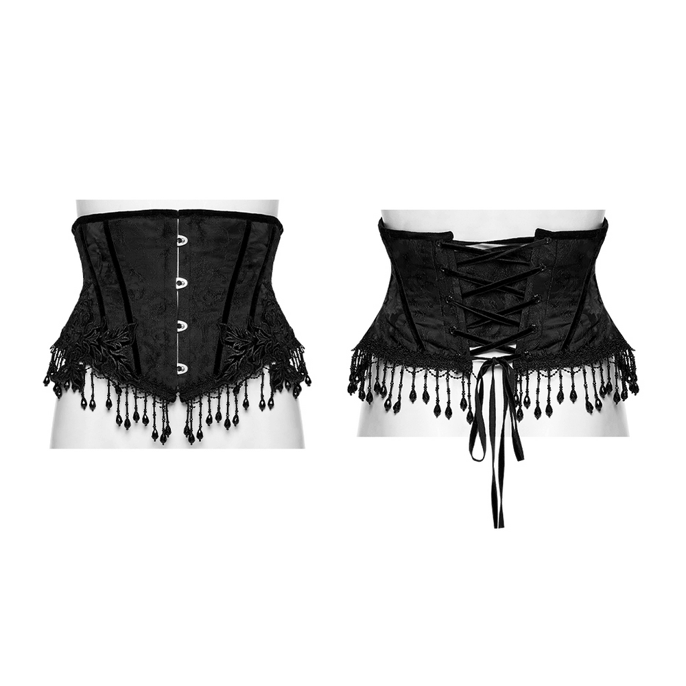Alt Tag: Elegant Black Gothic Rose Lace-Up Underbust Corset front and back view, jacquard fabric, rose appliqués, beaded fringe tassels