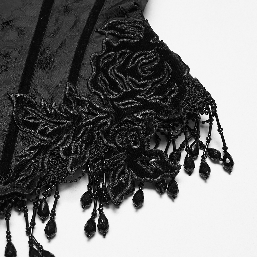 Alt Tag: Elegant Black Gothic Rose Lace-Up Underbust Corset close-up with black rose lace appliqué and beaded fringe tassels