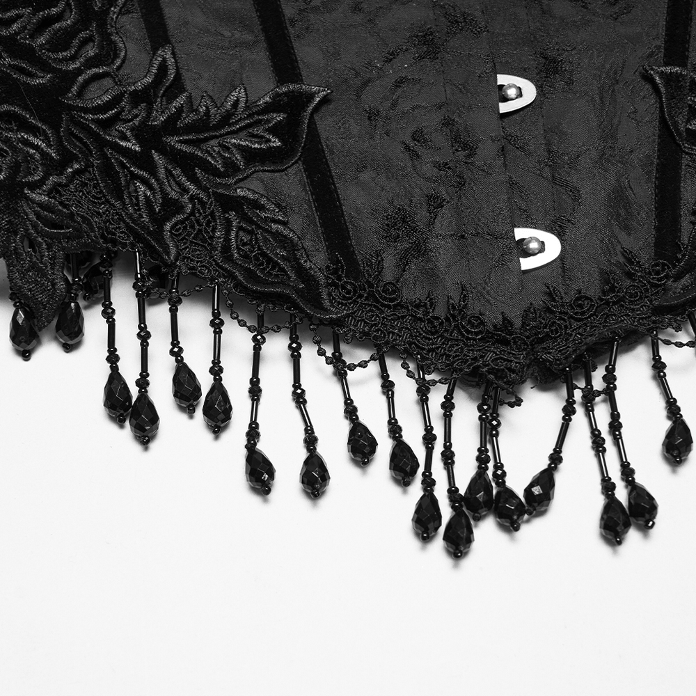 Alt Tag: Elegant Black Gothic Rose Lace-Up Underbust Corset close-up with black jacquard lace, rose appliqué, and beaded fringe tassels