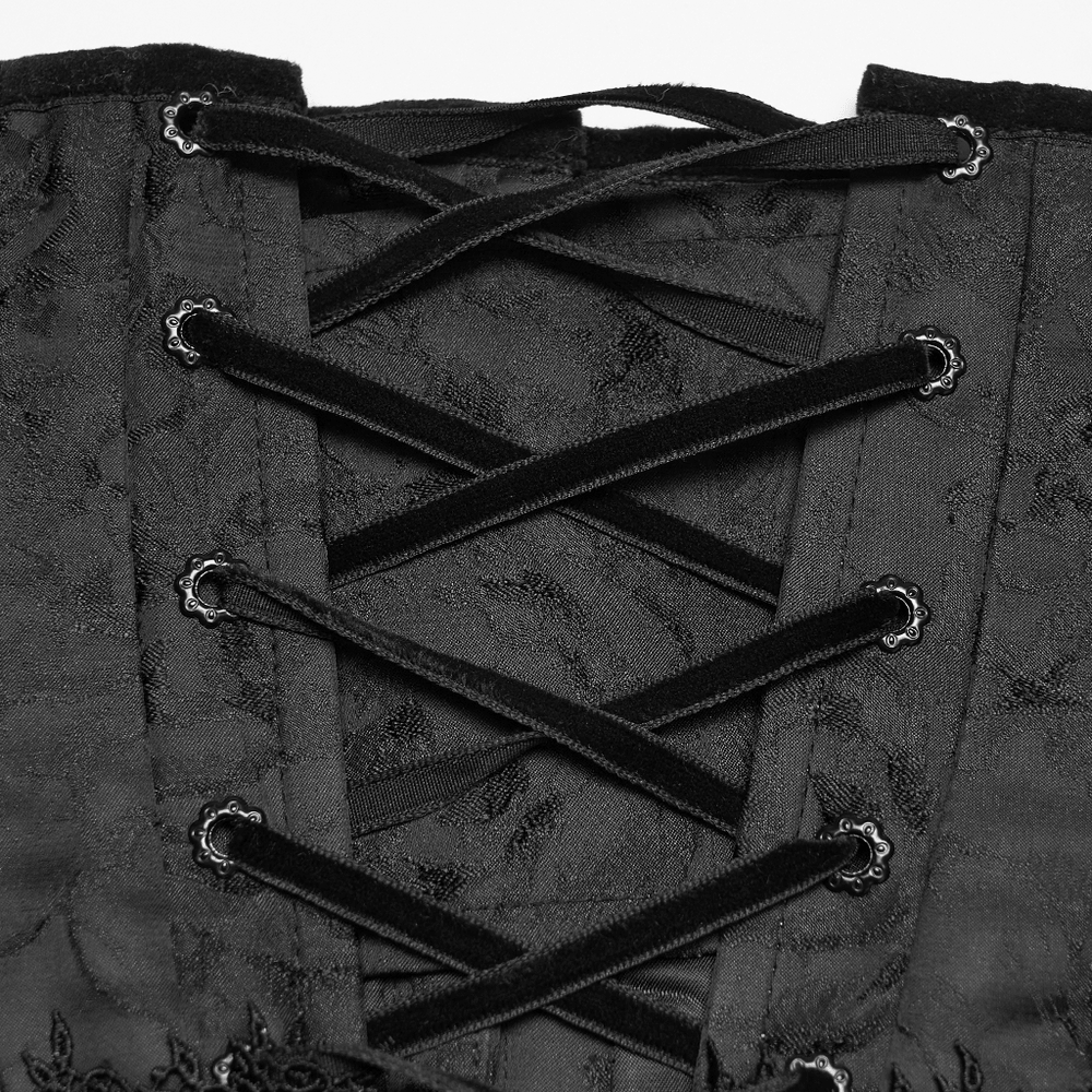Alt Tag: Elegant Black Gothic Rose Lace-Up Underbust Corset close-up, black jacquard fabric with crisscross lacing and metal grommets