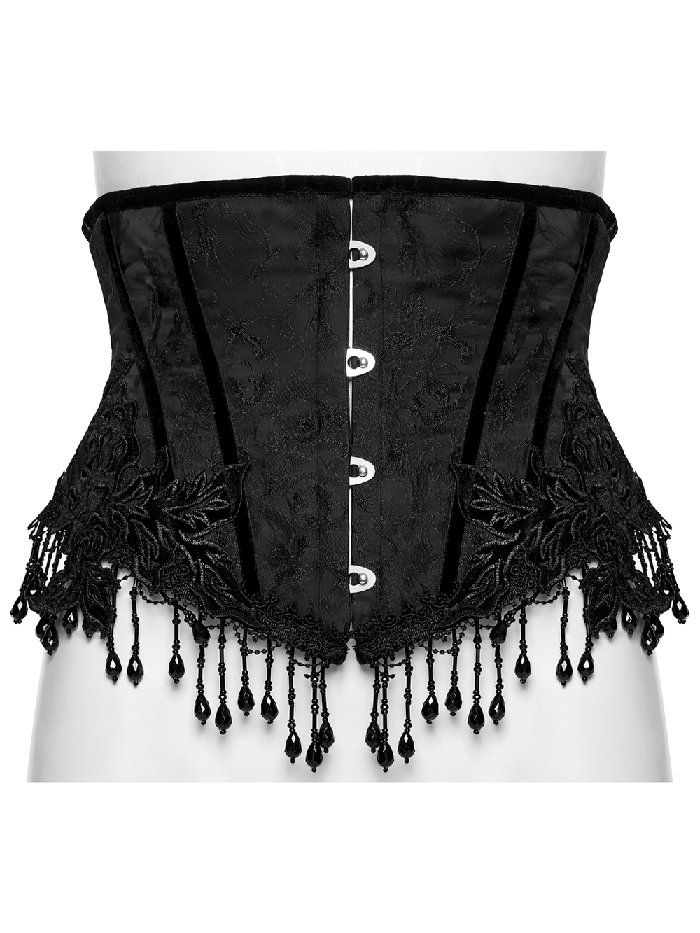 Alt Tag: Elegant Black Gothic Rose Lace-Up Underbust Corset in black jacquard with rose lace sides, front busk closure, and beaded fringe trim