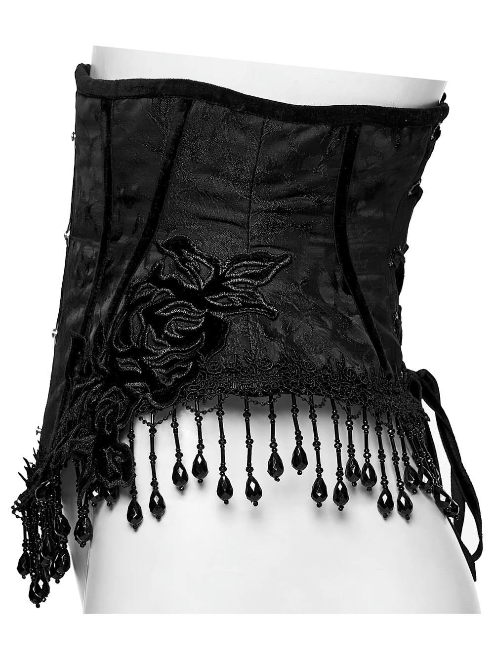 Alt Tag: Elegant Black Gothic Rose Lace-Up Underbust Corset in jacquard with rose appliqué and beaded fringe tassels