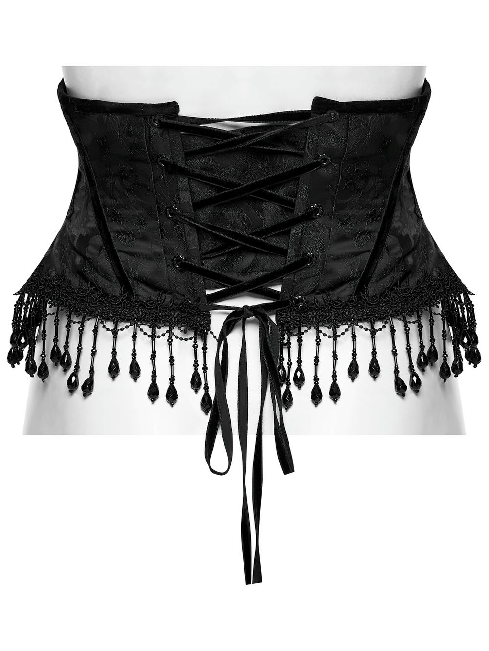Alt Tag: Elegant Black Gothic Rose Lace-Up Underbust Corset with jacquard lace-up front and beaded fringe tassels