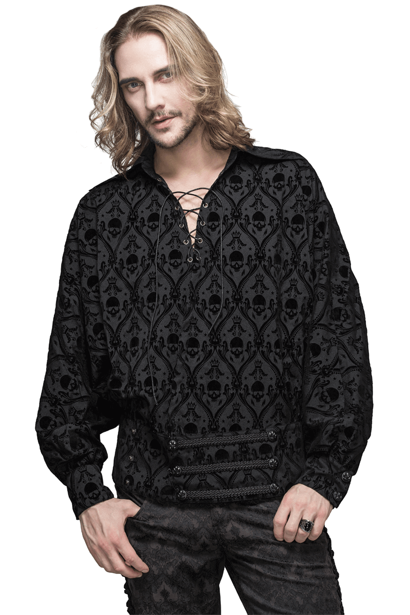 Elegant Black Gothic Skulls Patterns Shirt / Vintage Men's Shirt with Puff Sleeves & Laced Collar - HARD'N'HEAVY