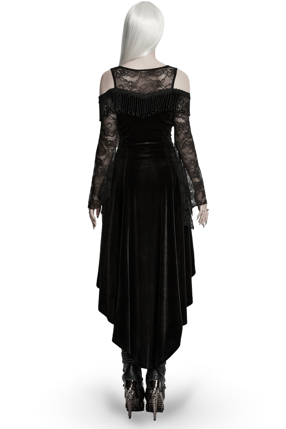 Elegant Black Gothic Velvet High-Low Dress with Lace Sleeves showcased from the back with stunning lace and beaded details.