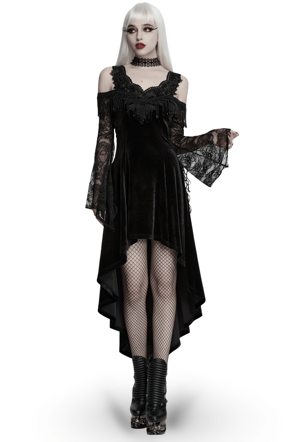 Elegant Black Gothic Velvet High-Low Dress with Lace Sleeves showcased by a model, featuring intricate lace details and beaded embellishments.