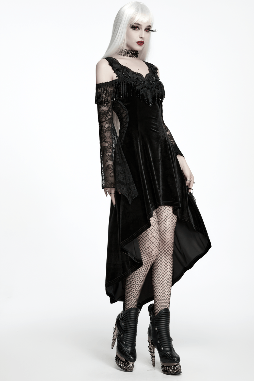 Elegant Black Gothic Velvet High-Low Dress with Lace Sleeves showcasing sheer lace and beaded fringe details.