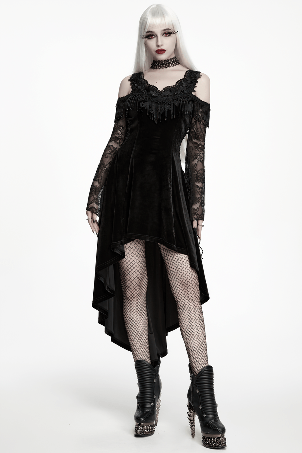 Elegant Black Gothic Velvet High-Low Dress with Lace Sleeves modeled by a model showcasing gothic elegance and style.