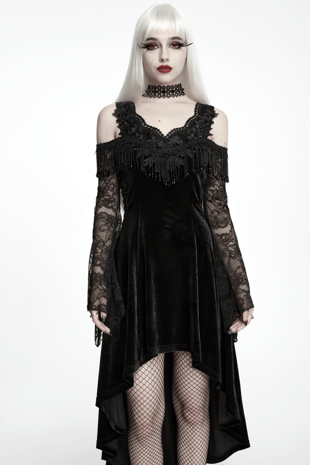 Elegant Black Gothic Velvet High-Low Dress with Lace Sleeves worn by a model showcasing its intricate lace and velvet design.