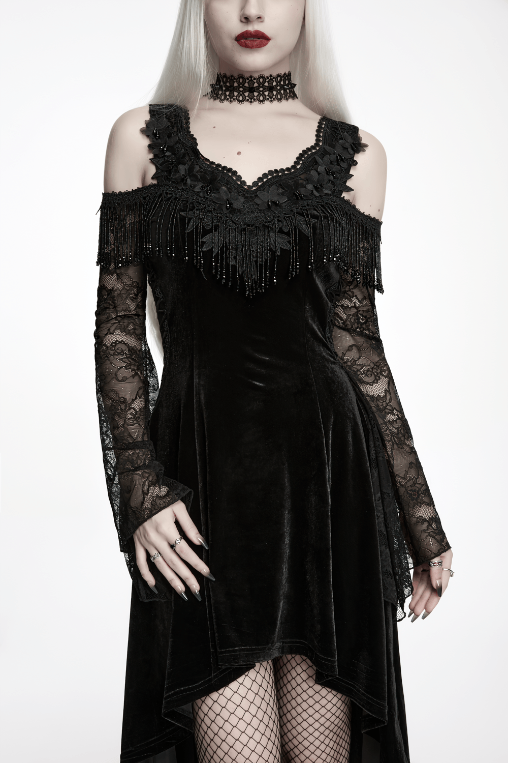 Elegant Black Gothic Velvet High-Low Dress with Lace Sleeves showcasing intricate lace and beaded embellishments.