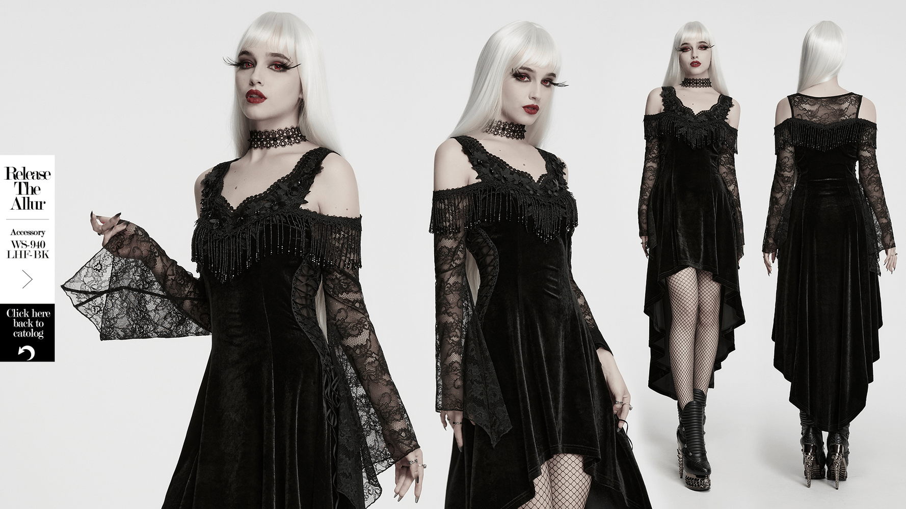 Elegant Black Gothic Velvet High-Low Dress with Lace Sleeves showcased on a model with lace and beaded details.