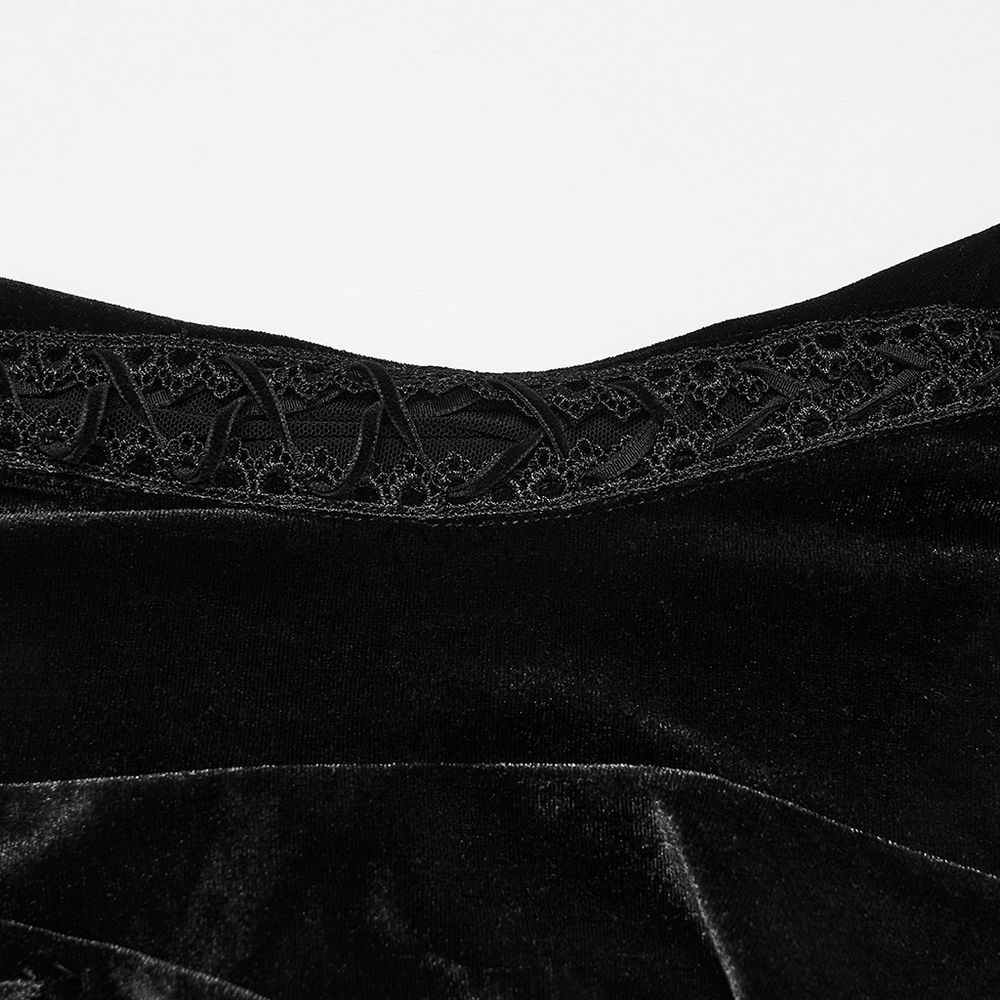 Elegant Black Gothic Velvet High-Low Dress with Lace Sleeves close-up of intricate lace detailing and soft velvet texture.
