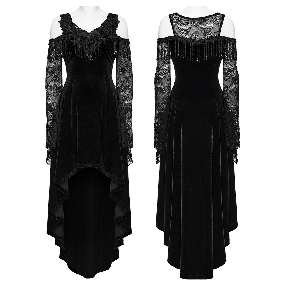 Elegant Black Gothic Velvet High-Low Dress with Lace Sleeves featuring lace sleeves and beaded fringe details.