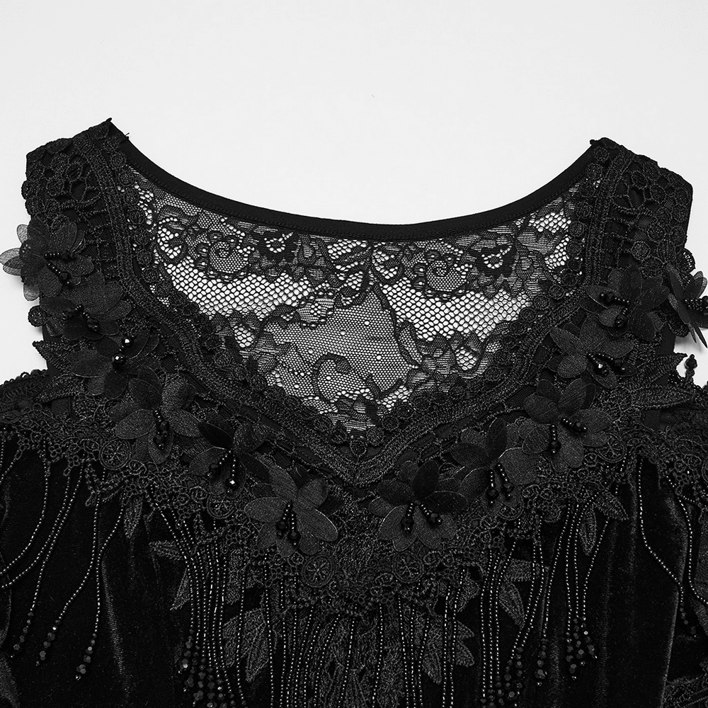 Elegant Black Gothic Velvet High-Low Dress with Lace Sleeves neckline featuring lace and floral embellishments.