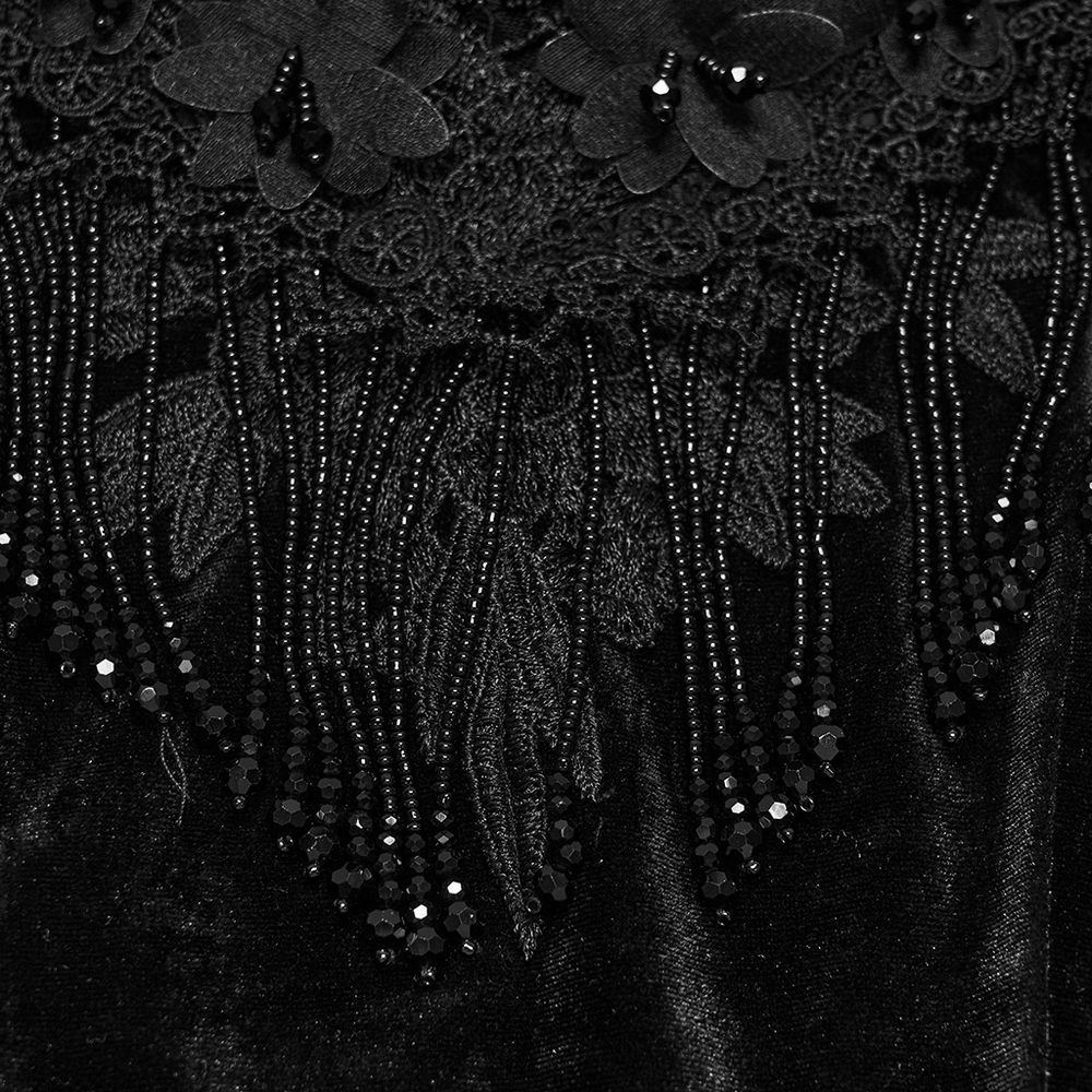 Elegant Black Gothic Velvet High-Low Dress with Lace Sleeves features intricate beaded fringe and lace detail.