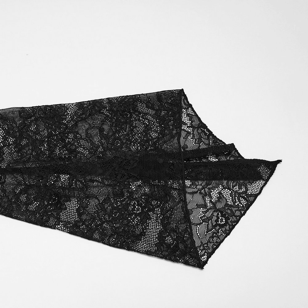 Elegant Black Gothic Velvet High-Low Dress with Lace Sleeves fabric detail showing sheer lace design.