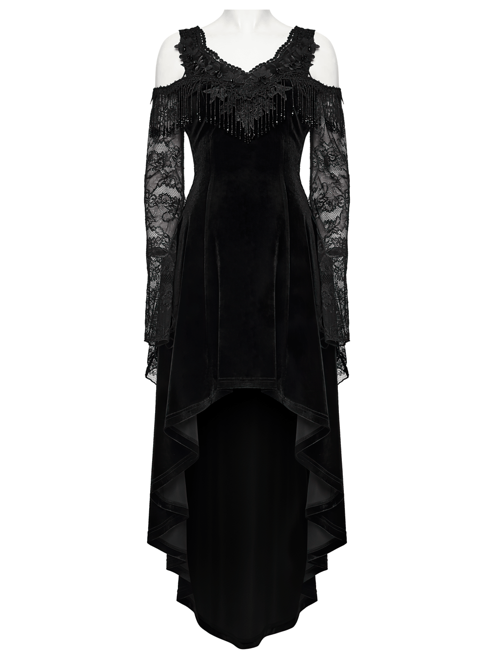 Elegant Black Gothic Velvet High-Low Dress with Lace Sleeves featuring beaded fringe and sheer lace sleeves.