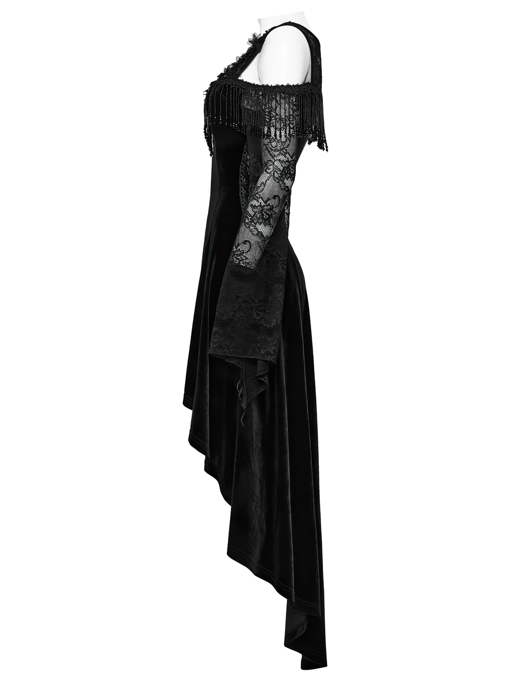 Elegant Black Gothic Velvet High-Low Dress with Lace Sleeves featuring cold-shoulder and beaded fringe details.