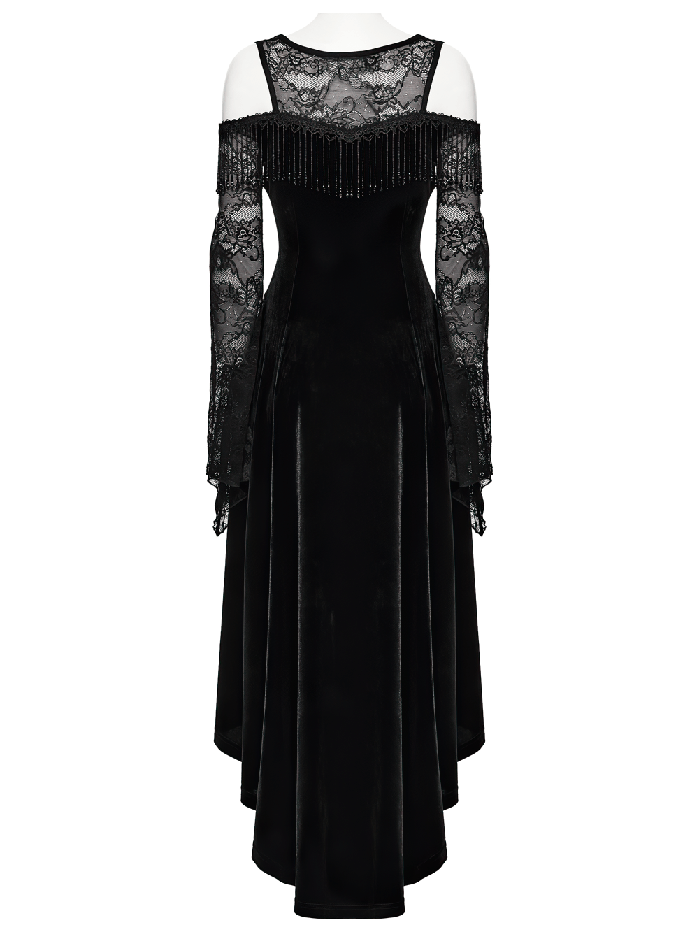 Elegant Black Gothic Velvet High-Low Dress with Lace Sleeves back view showcasing lace detail and beaded fringe.