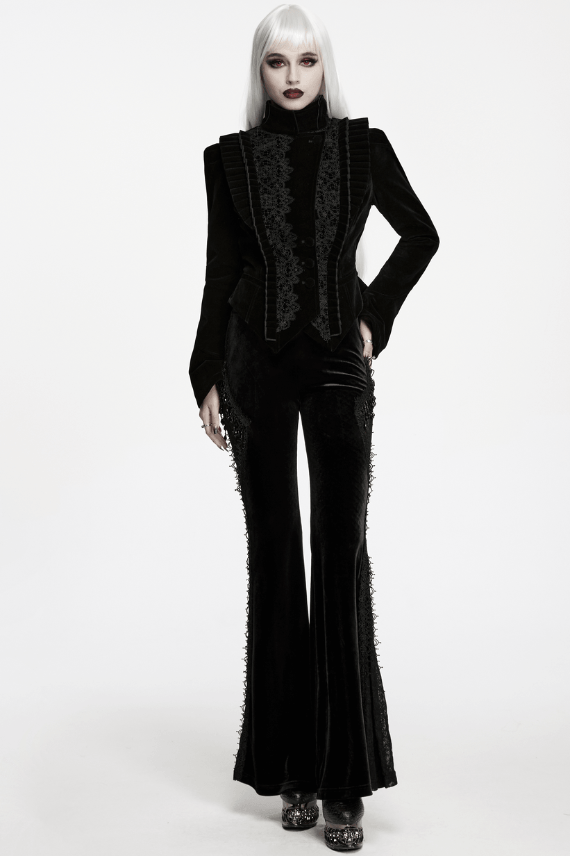Elegante schwarze Gothic-Samtjacke mit Spitzendetails