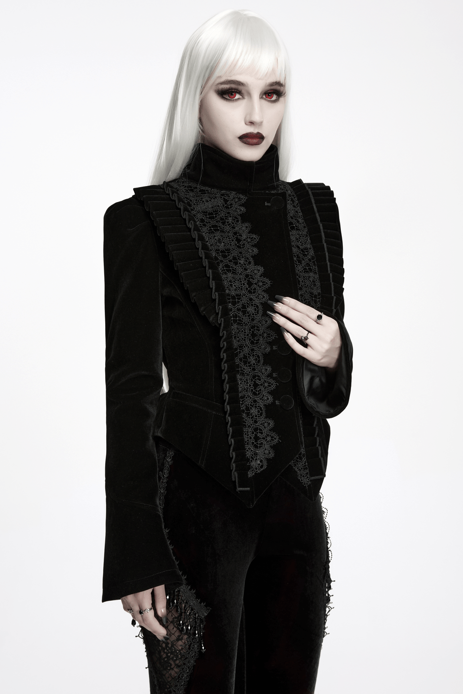 Elegante schwarze Gothic-Samtjacke mit Spitzendetails