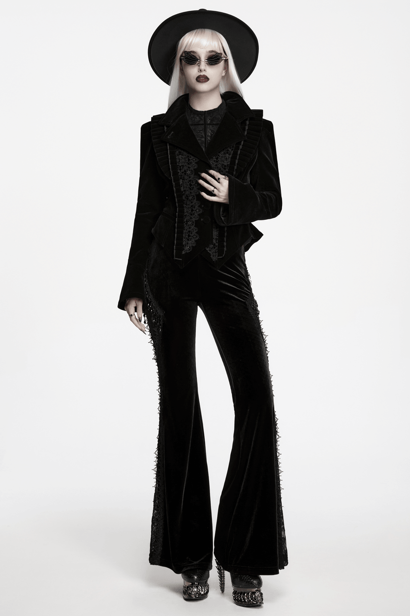 Elegante schwarze Gothic-Samtjacke mit Spitzendetails