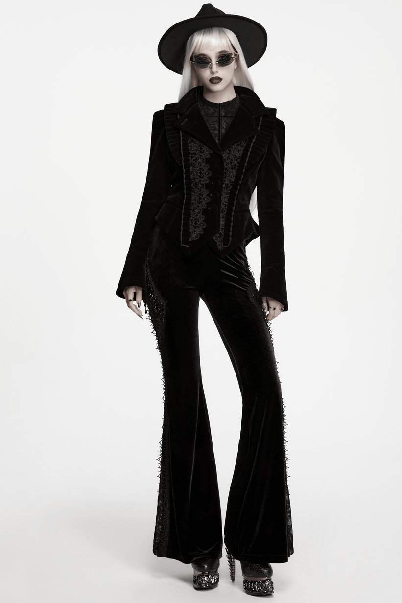 Elegante schwarze Gothic-Samtjacke mit Spitzendetails