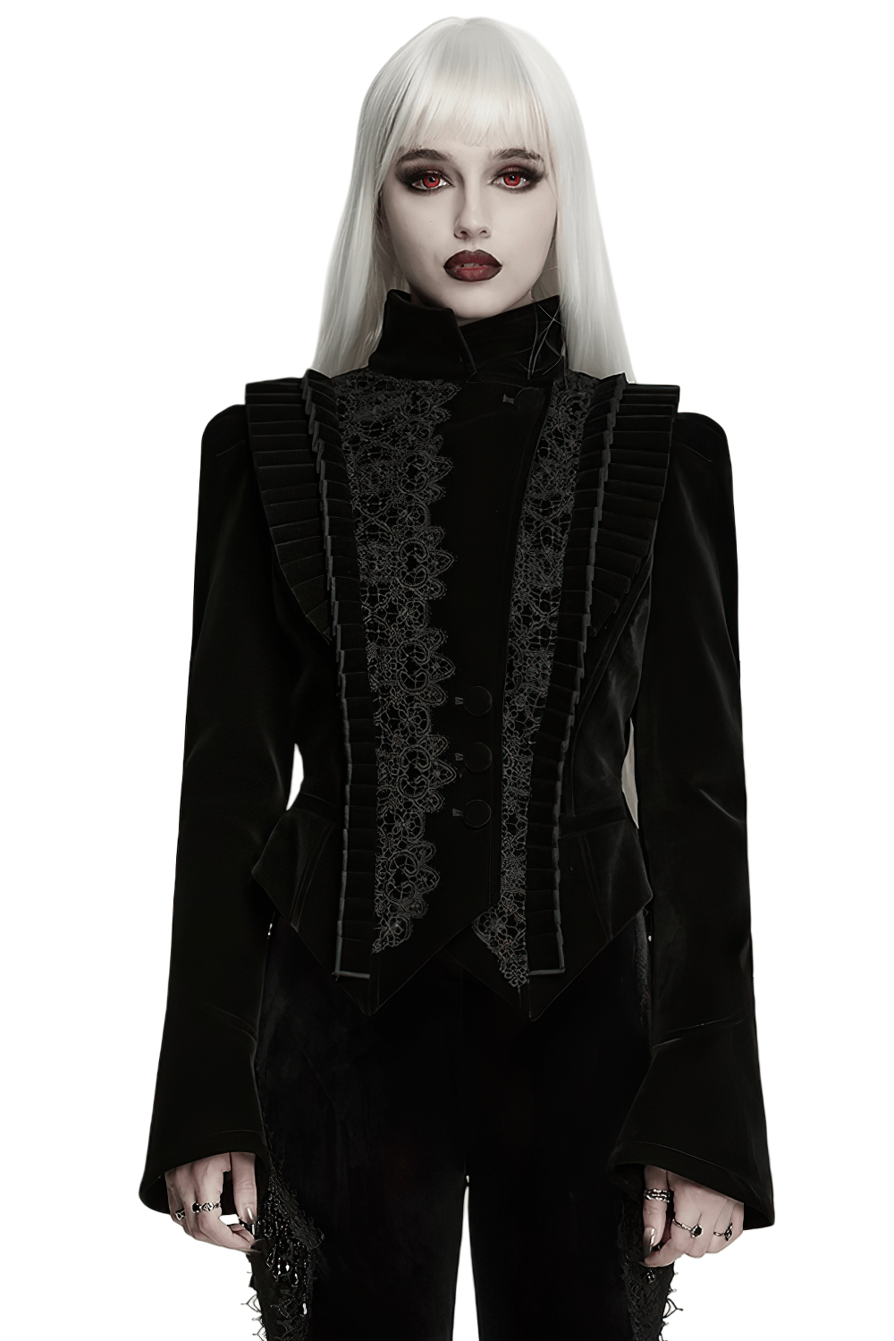 Elegante schwarze Gothic-Samtjacke mit Spitzendetails