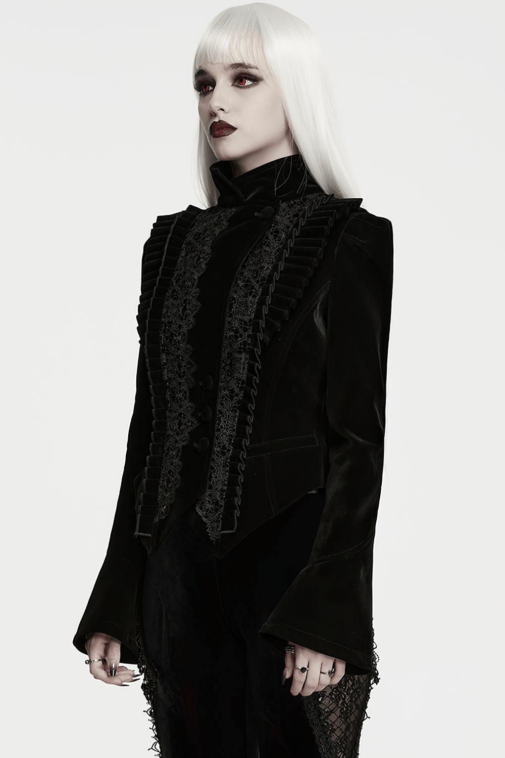 Elegante schwarze Gothic-Samtjacke mit Spitzendetails