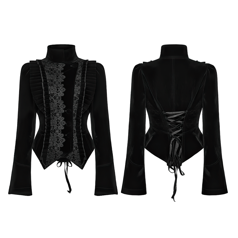 Elegante schwarze Gothic-Samtjacke mit Spitzendetails