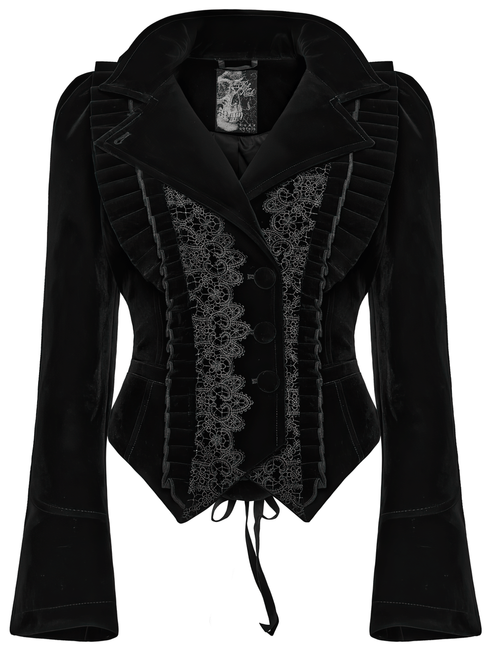 Elegante schwarze Gothic-Samtjacke mit Spitzendetails