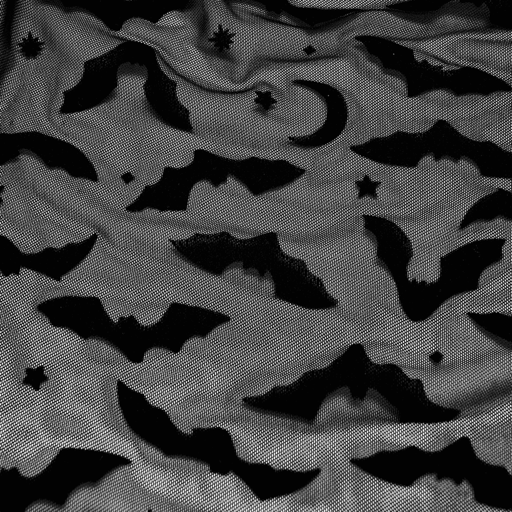 Elegant black fabric featuring a whimsical bat and moon design, perfect for a gothic kimono-cape.