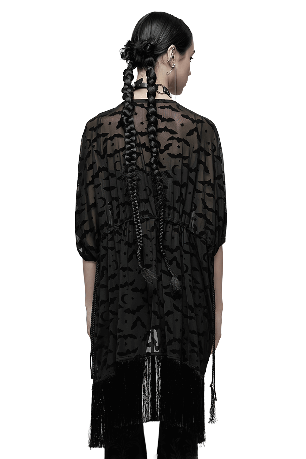 Back view of an elegant black lace kimono-cape with bat print and tassels, showcasing its lightweight, flowing design.