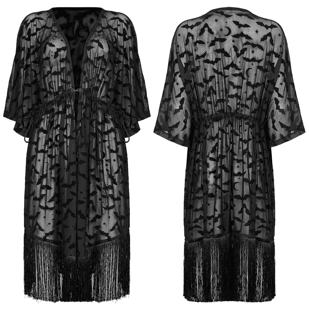 Elegant black lace bat print kimono cape with tassels and see-through design, perfect for a gothic style.