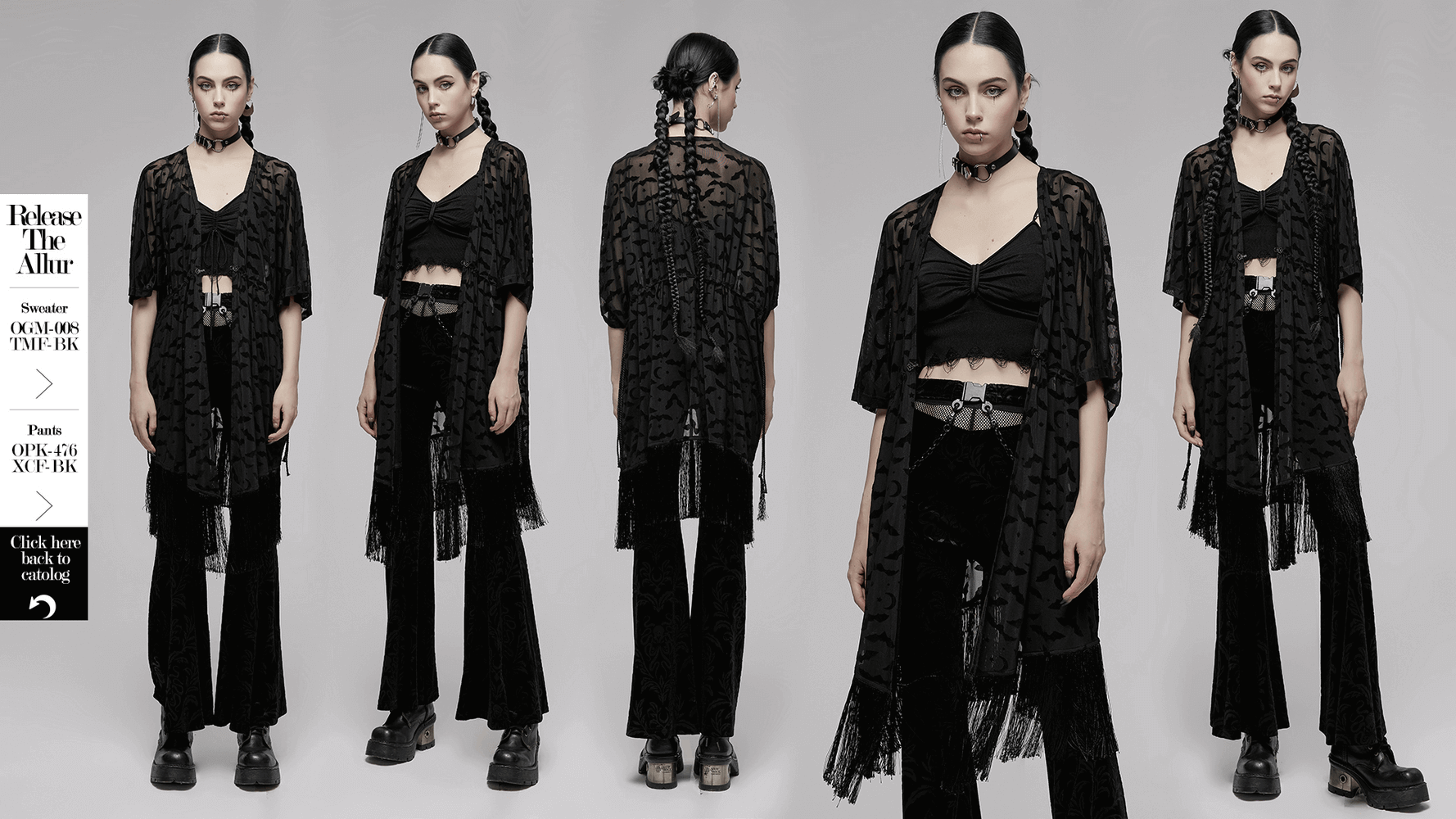 Elegant black lace kimono-cape with bat print, tassels, and a gothic style worn by model.