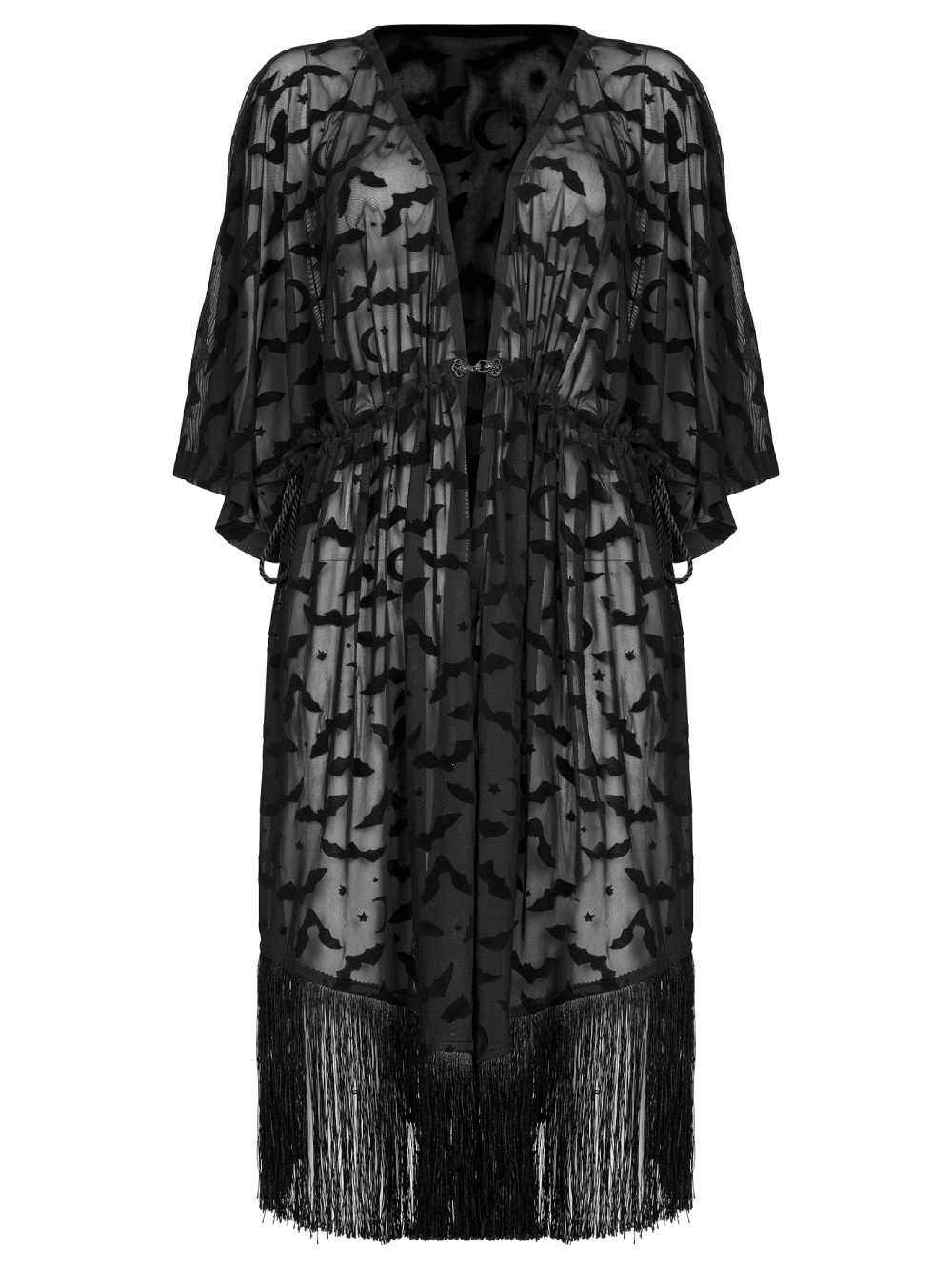 Elegant black lace kimono cape featuring bat print and tassels for a gothic flair.