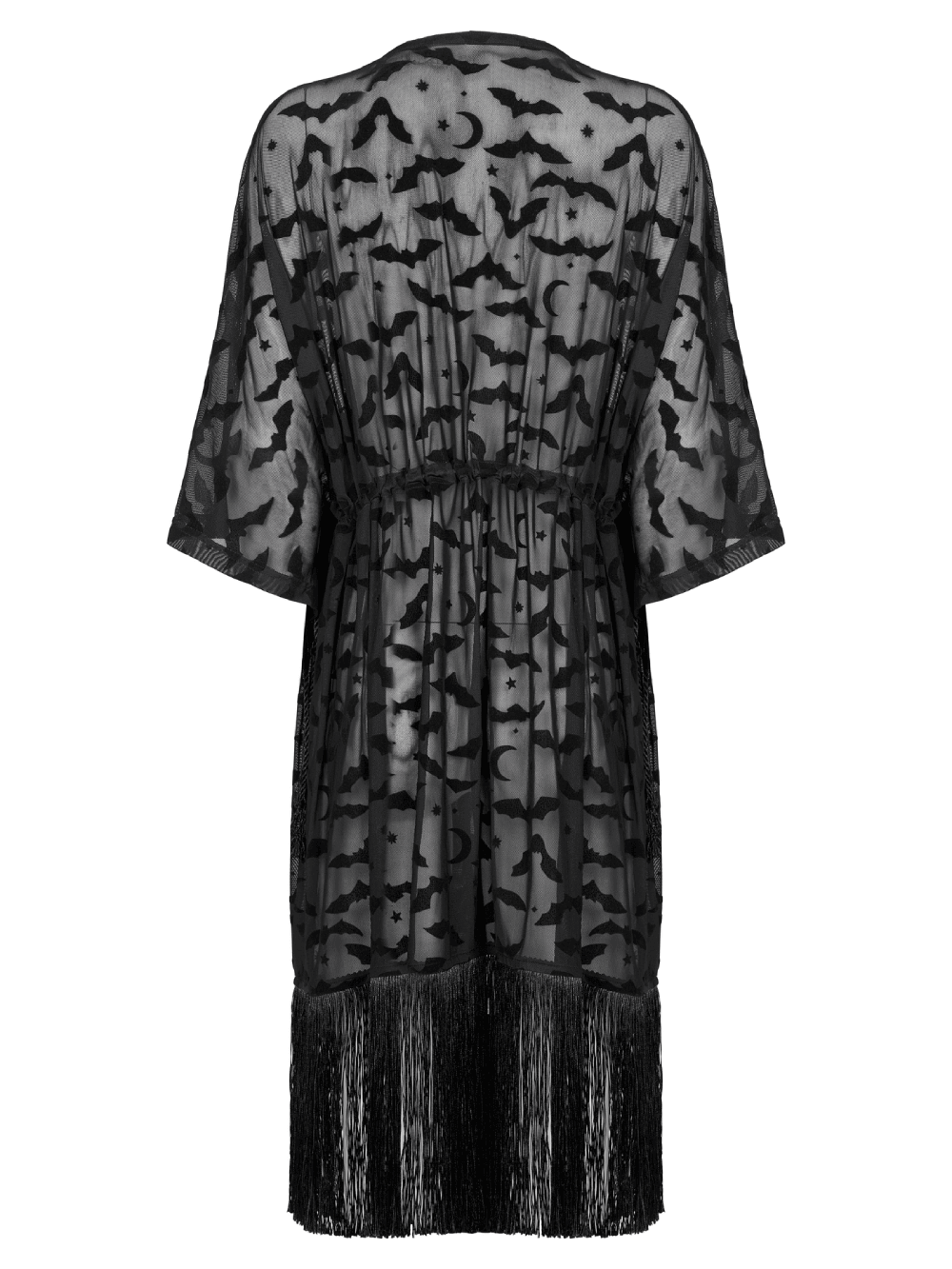 Elegant black lace kimono-cape with bat and moon print, featuring tassels and a loose, lightweight design.
