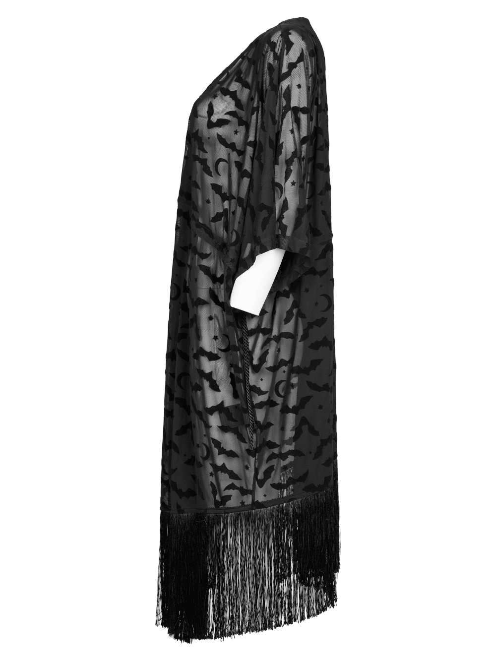 Elegant black lace kimono-cape featuring a bat print, tassels, and a lightweight see-through design.