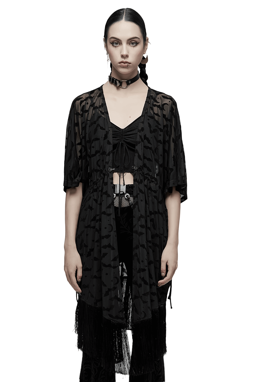 Elegant black lace bat print kimono-cape with tassels worn by model, showcasing gothic style and lightweight fabric.