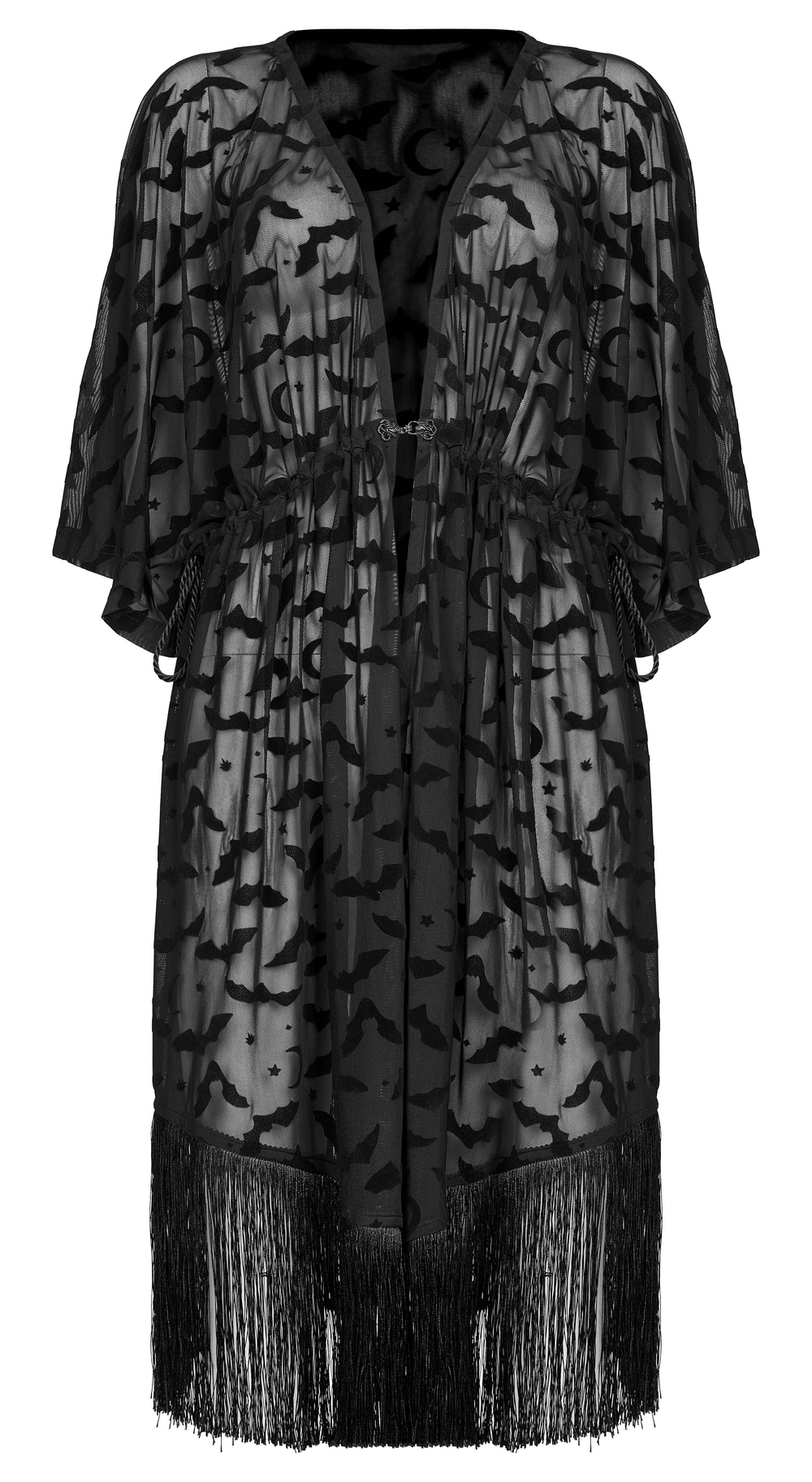 Elegant Black Lace Bat Print Kimono-Coat with Tassels
