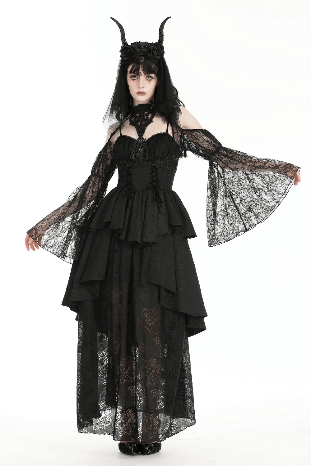 Elegant black lace outfit with long sleeves and dramatic bell sleeves, perfect for gothic or formal occasions.