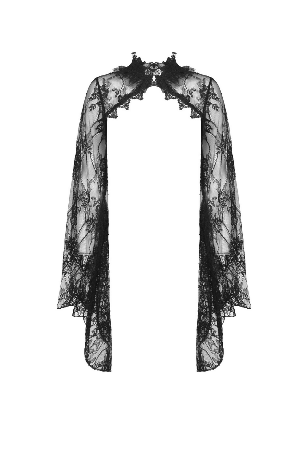 Elegant black lace cape with long bell sleeves, perfect for gothic outfits and dramatic flair.