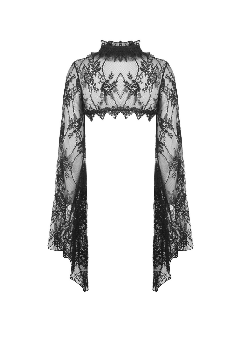 Elegant black lace cape with long bell sleeves, perfect for gothic styles and dramatic outfits.