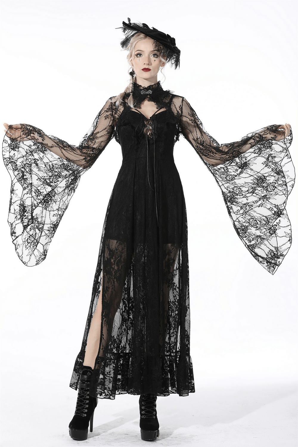 Elegant Black Lace Cape with Long Bell Sleeves