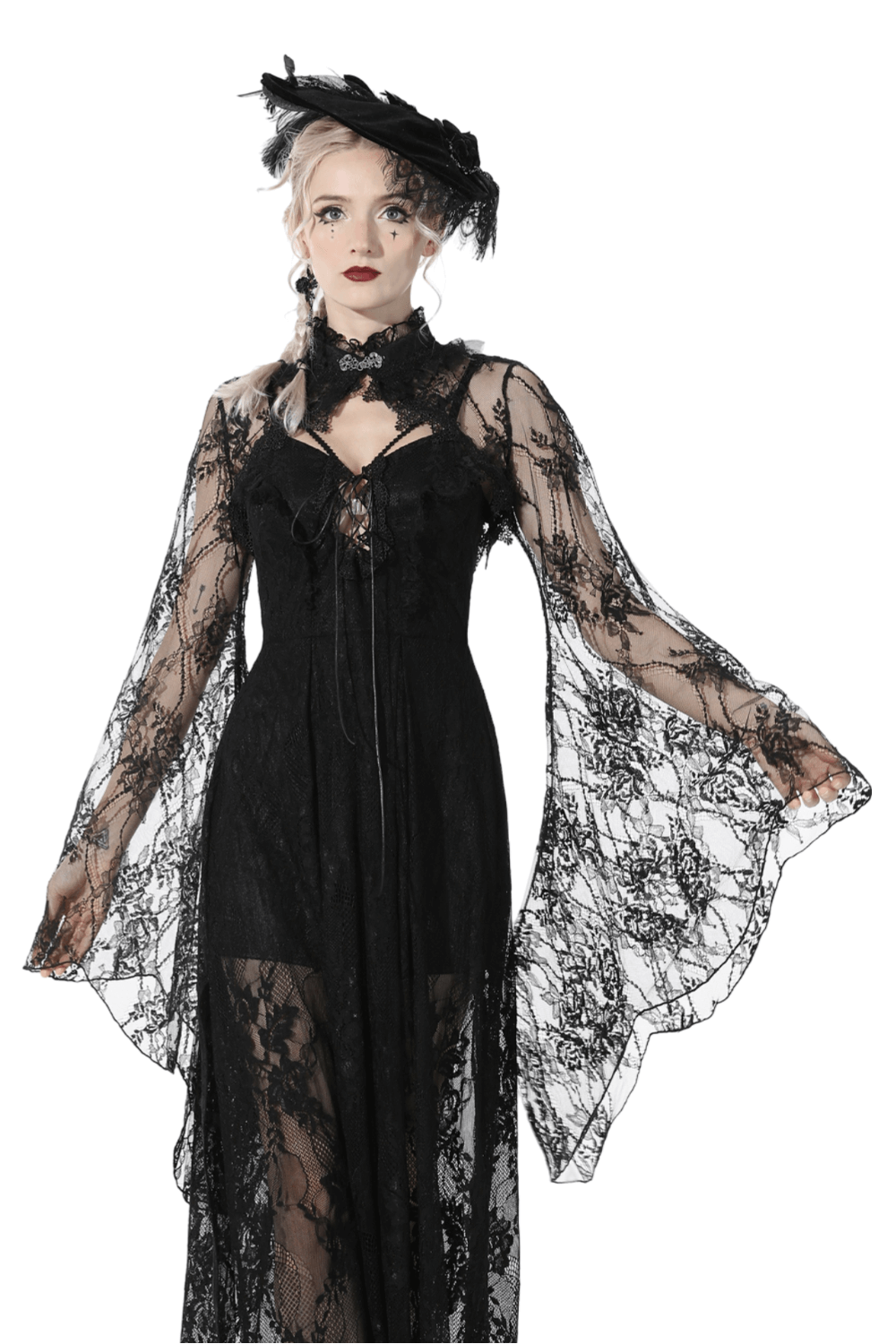 Elegant black lace cape with long bell sleeves, perfect for gothic fashion and Halloween costumes.