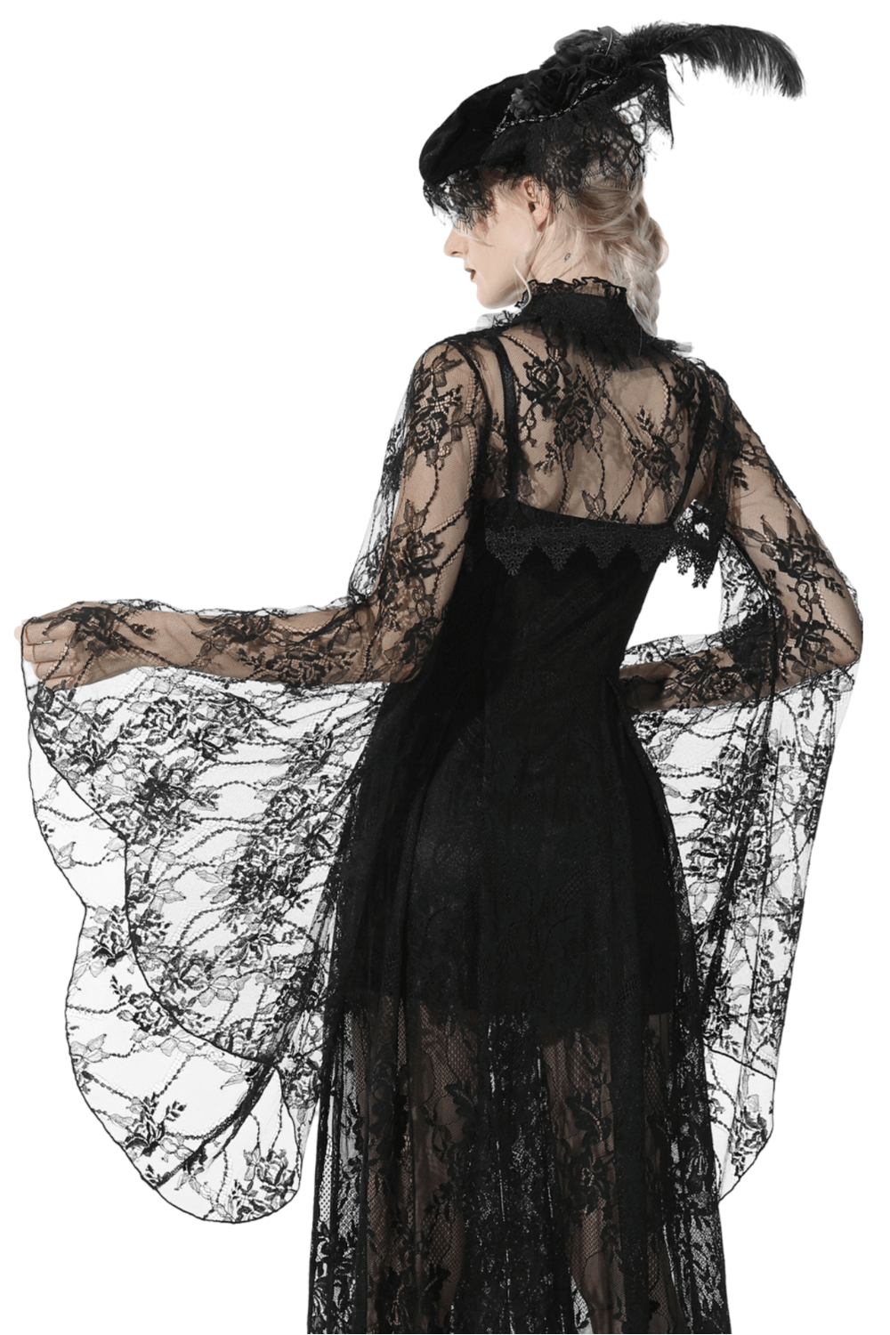 Gothic black lace cape with long bell sleeves, perfect for Halloween and adding drama to any outfit.