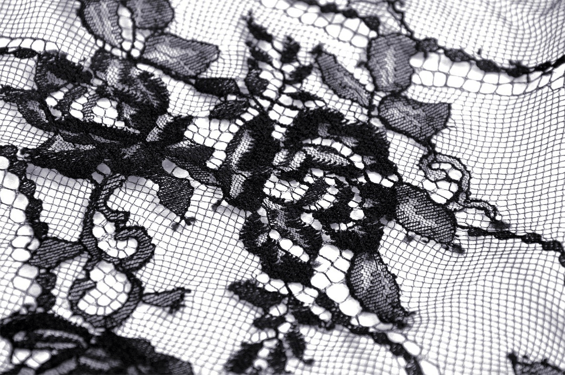 Close-up of elegant black lace fabric featuring intricate floral patterns, perfect for gothic designs and costumes.