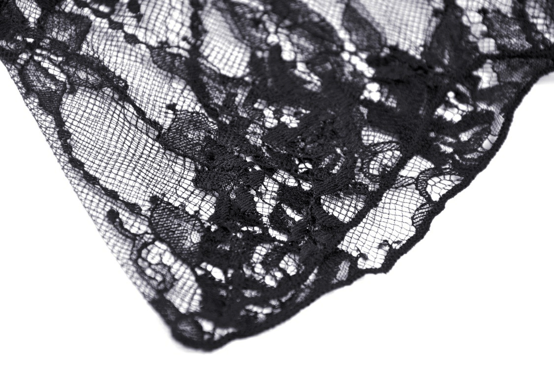 Close-up of elegant black lace fabric, showcasing intricate floral patterns, perfect for capes or gothic fashion.