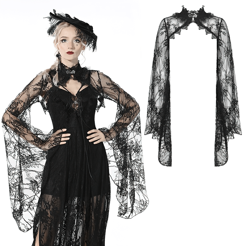 Elegant Black Lace Cape with Long Bell Sleeves