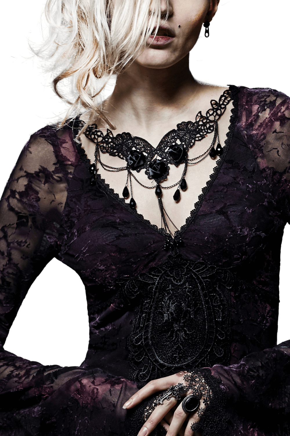 Elegant black lace choker with floral and drop details, styled on a model in a gothic black lace dress.